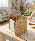 MDF DIY  Lion-shaped pencil holder on a child's desk with stationery items