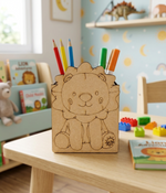 MDF DIY  Lion-shaped pencil holder with colorful pencils on a table in a child's room.