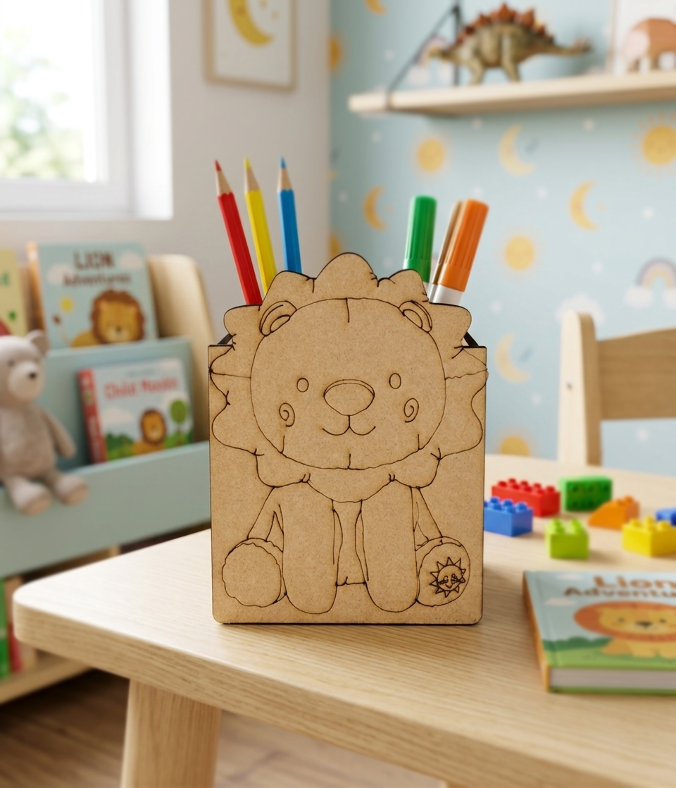 MDF DIY  Lion-shaped pencil holder with colorful pencils on a table in a child's room.
