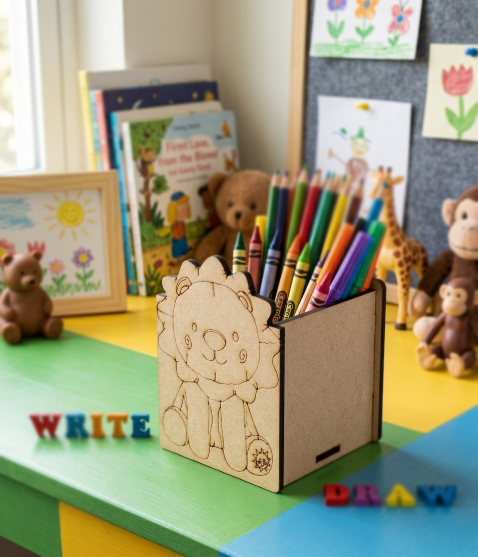 Children's desk with a MDF DIY  lion-shaped pencil holder, colorful crayons, and educational toys.