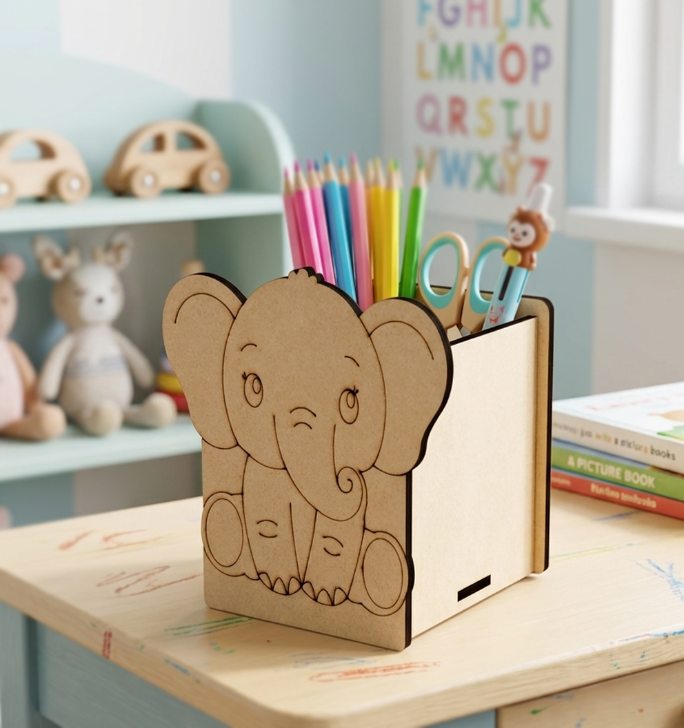 MDF DIY  Elephant-shaped pencil holder with stationery on a desk in a child's room