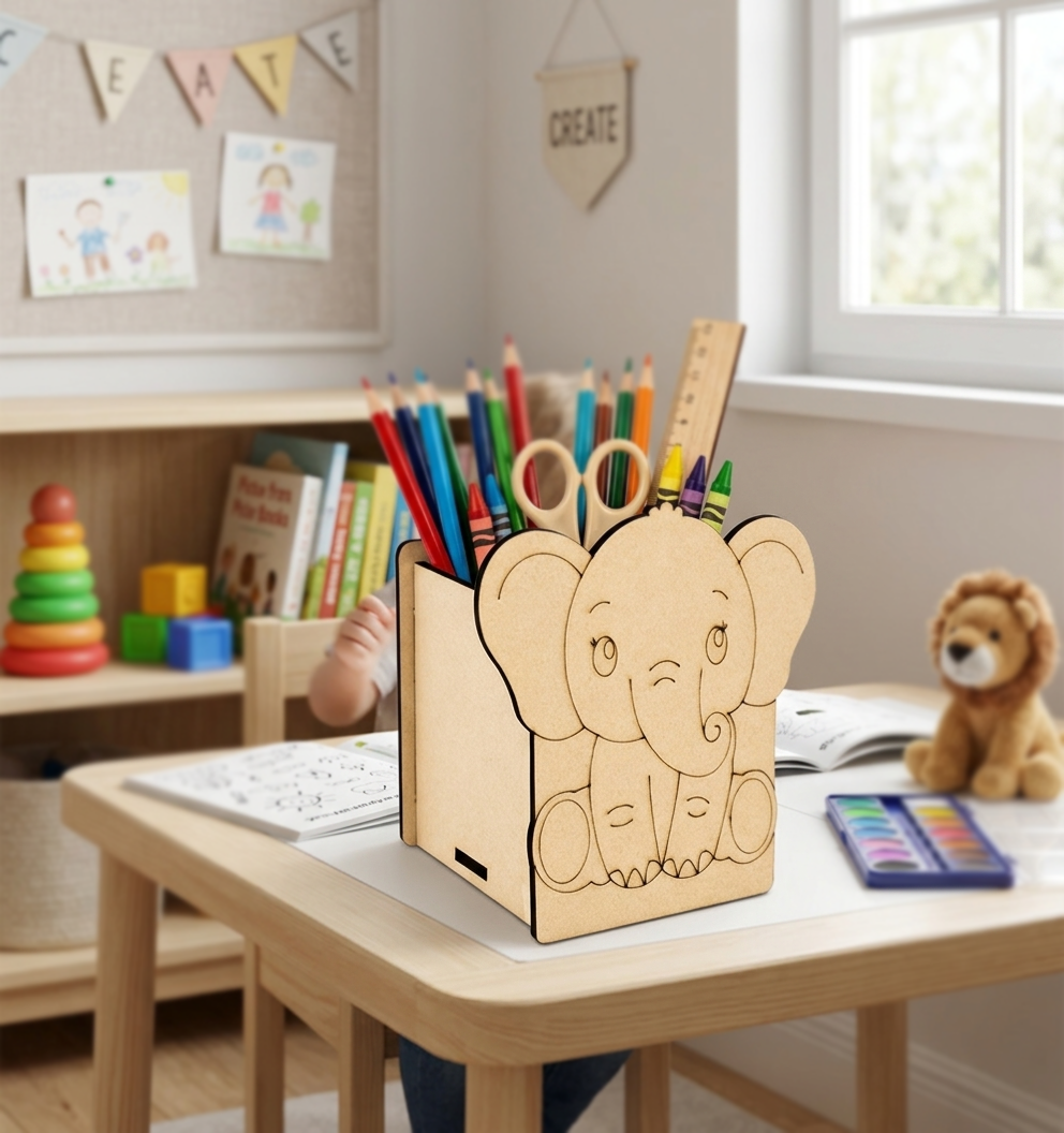 MDF DIY  elephant pencil holder on a child's desk with stationery items