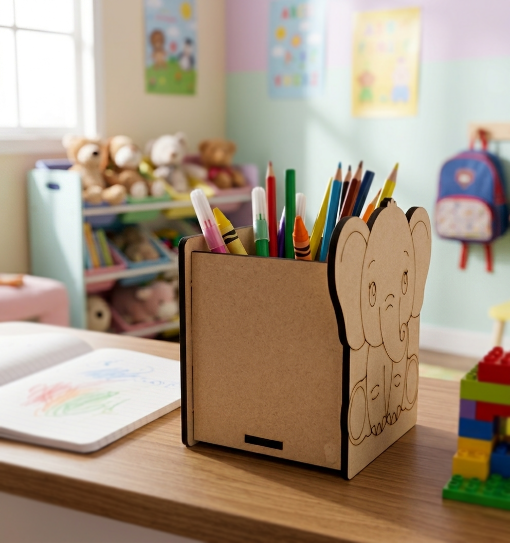 MDF DIY  pencil holder with cartoon design on a child's desk with toys and books in the background