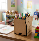 MDF DIY  pencil holder with cartoon design on a child's desk with toys and books in the background