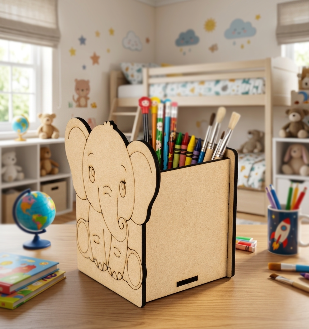 MDF DIY  Pencil holder shaped like an elephant in a child's room with toys and books.