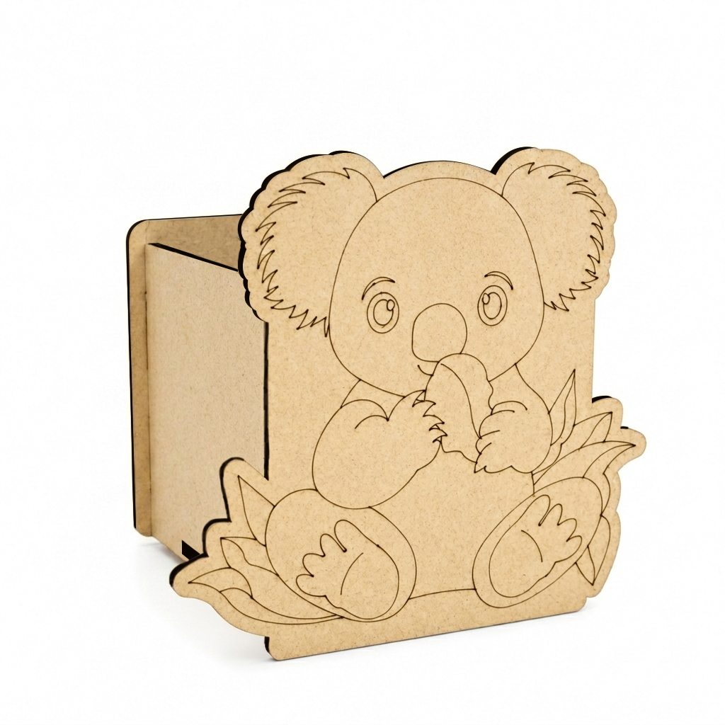 MDF DIY  cutout of a koala holding eucalyptus leaves on a white background