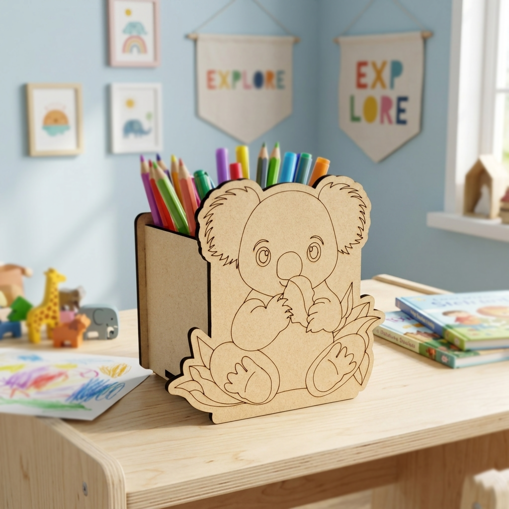 MDF DIY  koala pencil holder on a child's desk with colorful pencils and books in a classroom setting.