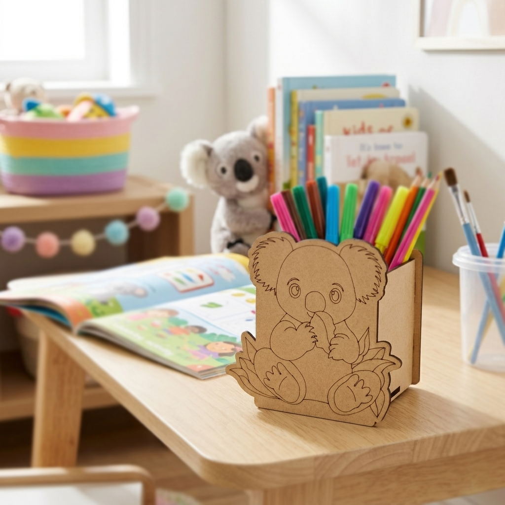 Children's desk with a MDF DIY  koala-shaped pencil holder, colorful pencils, and books.