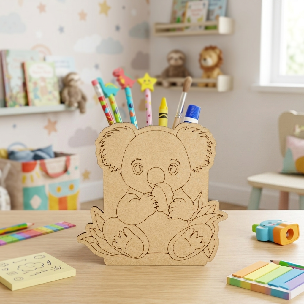 MDF DIY  koala pencil holder with stationery items on a table in a child's room.