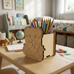 MDF DIY pencil holder with a bear design on a child's desk with colorful pencils.