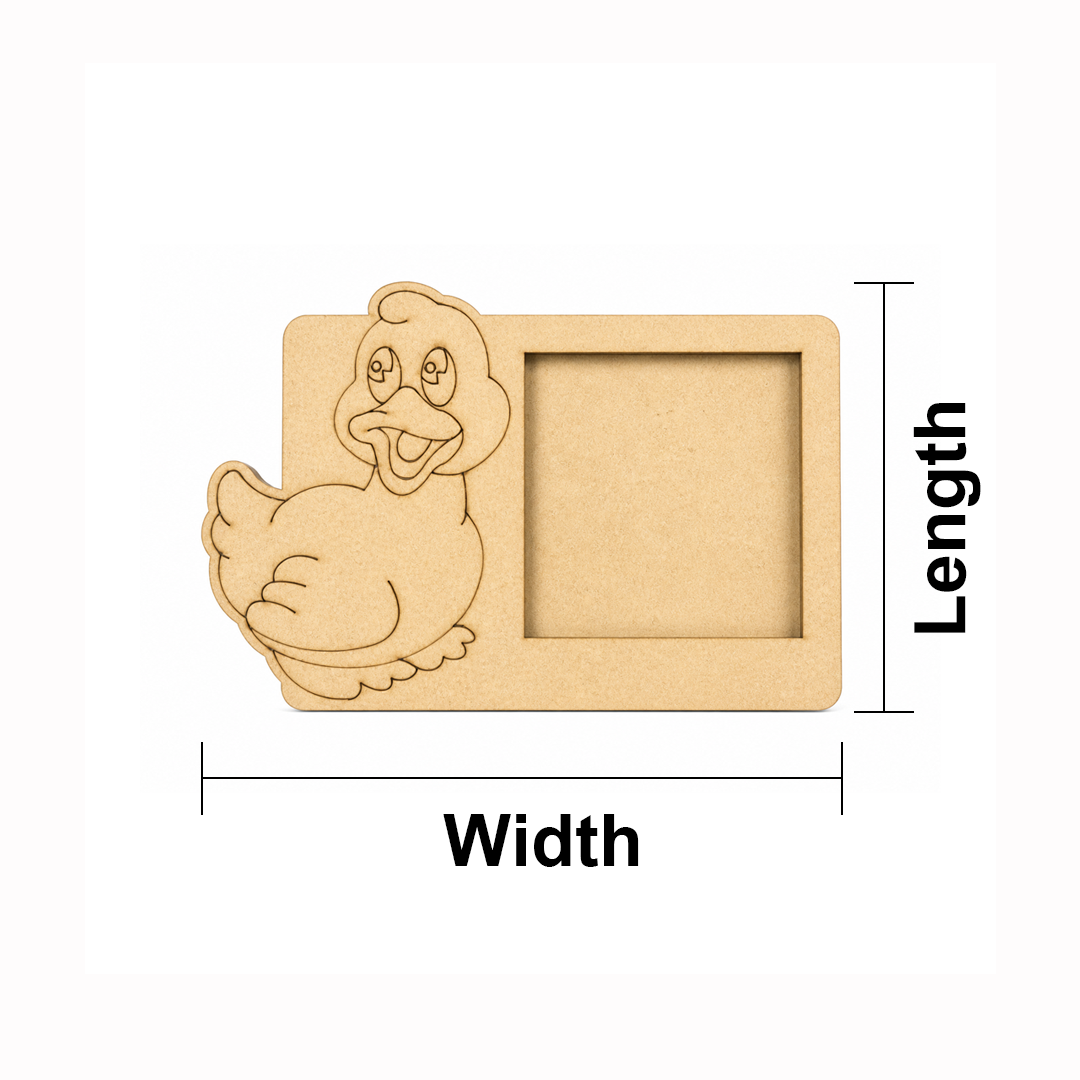 MDF DIY  photo frame with duck design and measurements on a white background