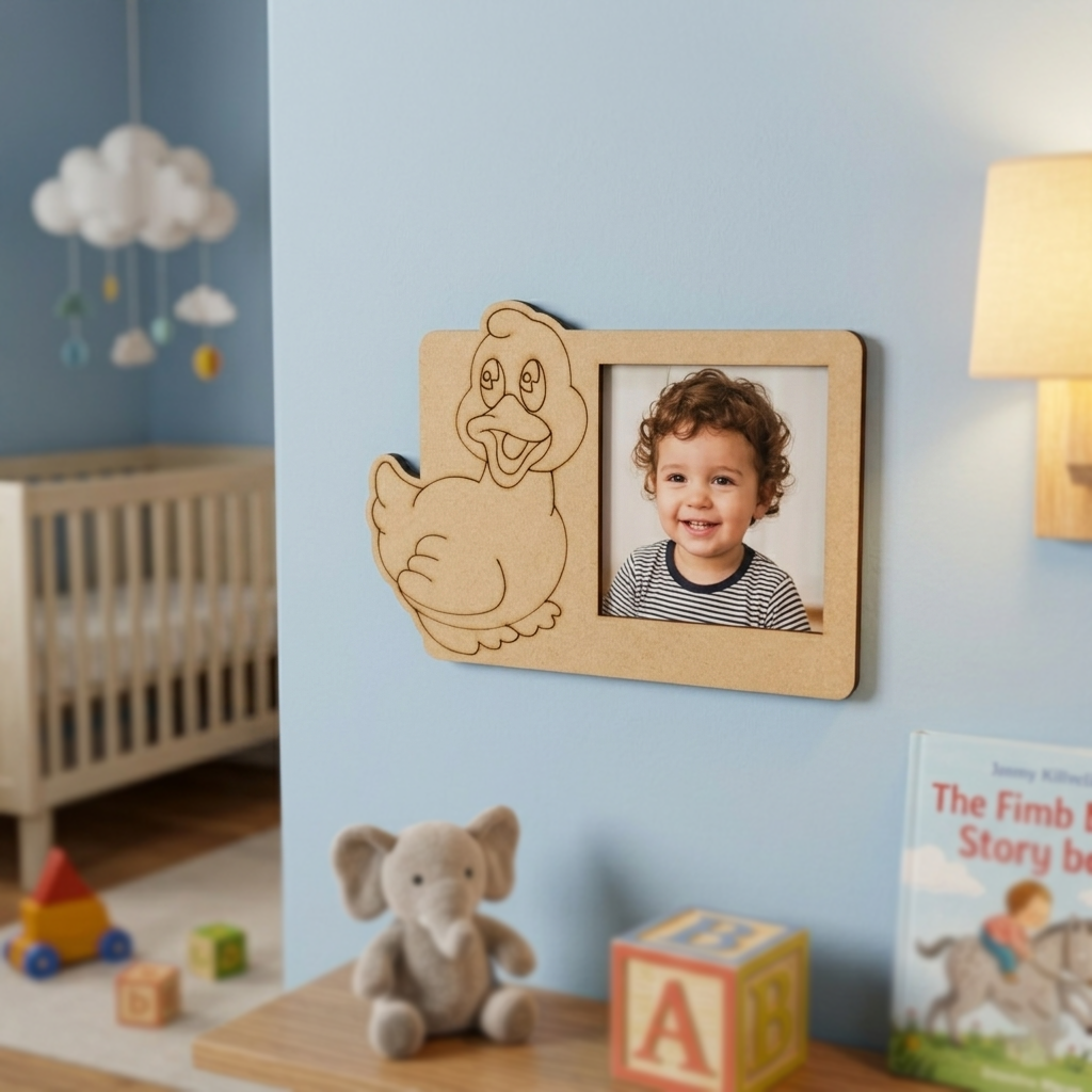 Child's photo in a MDF DIY  frame with cartoon character, nursery room with crib and toys.
