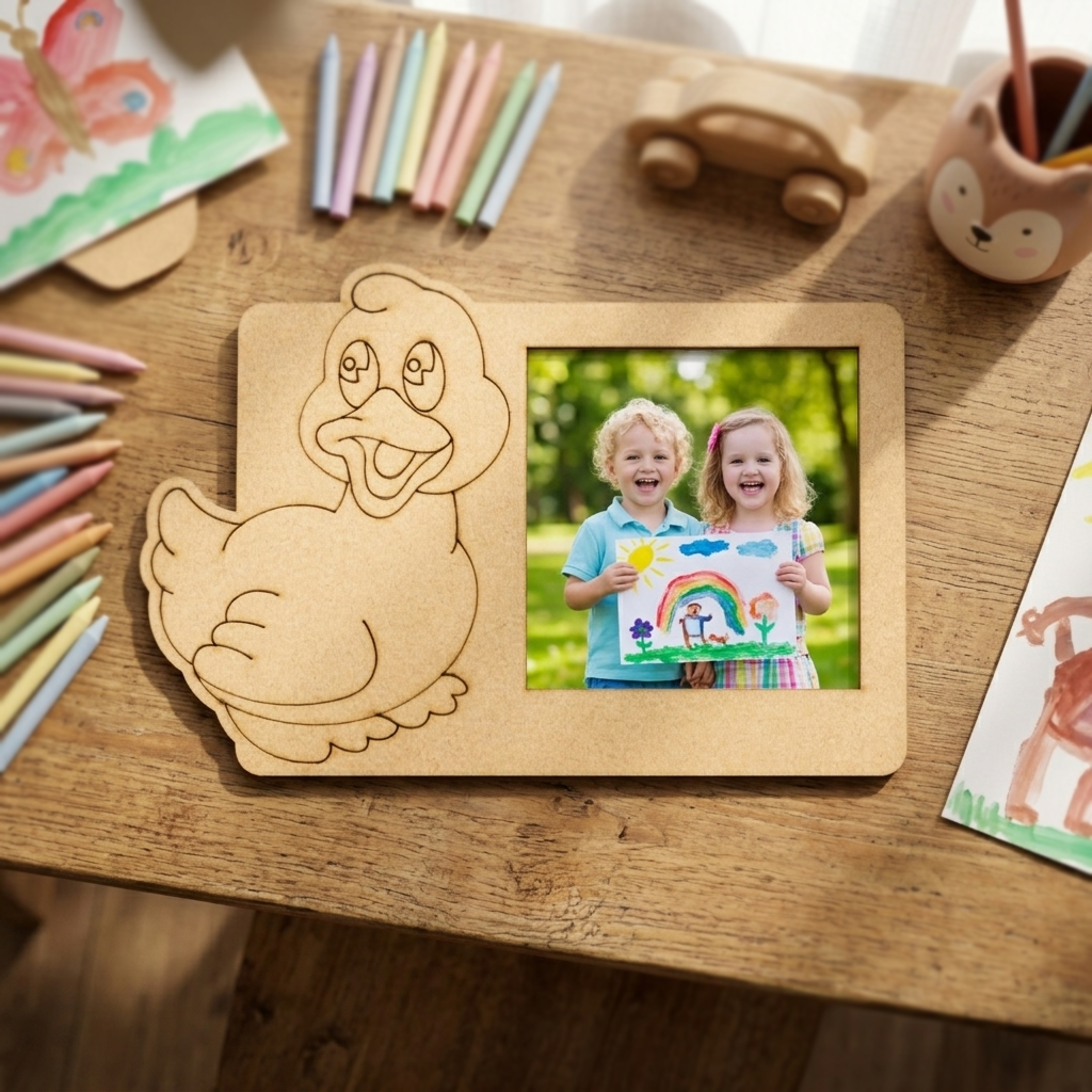 MDF DIY  duck-shaped picture frame with a photo of two children holding a rainbow drawing on a wooden table.