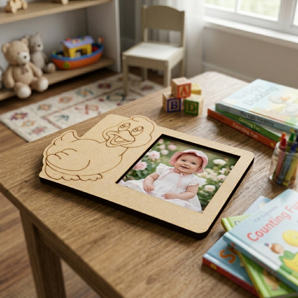 MDF DIY  photo frame with a baby picture on a wooden table in a child's room.