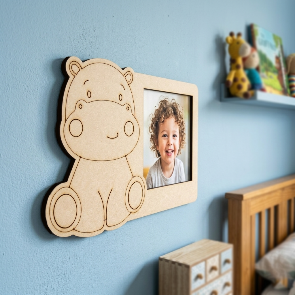 MDF DIY  bear-shaped photo frame with a child's picture on a blue wall.