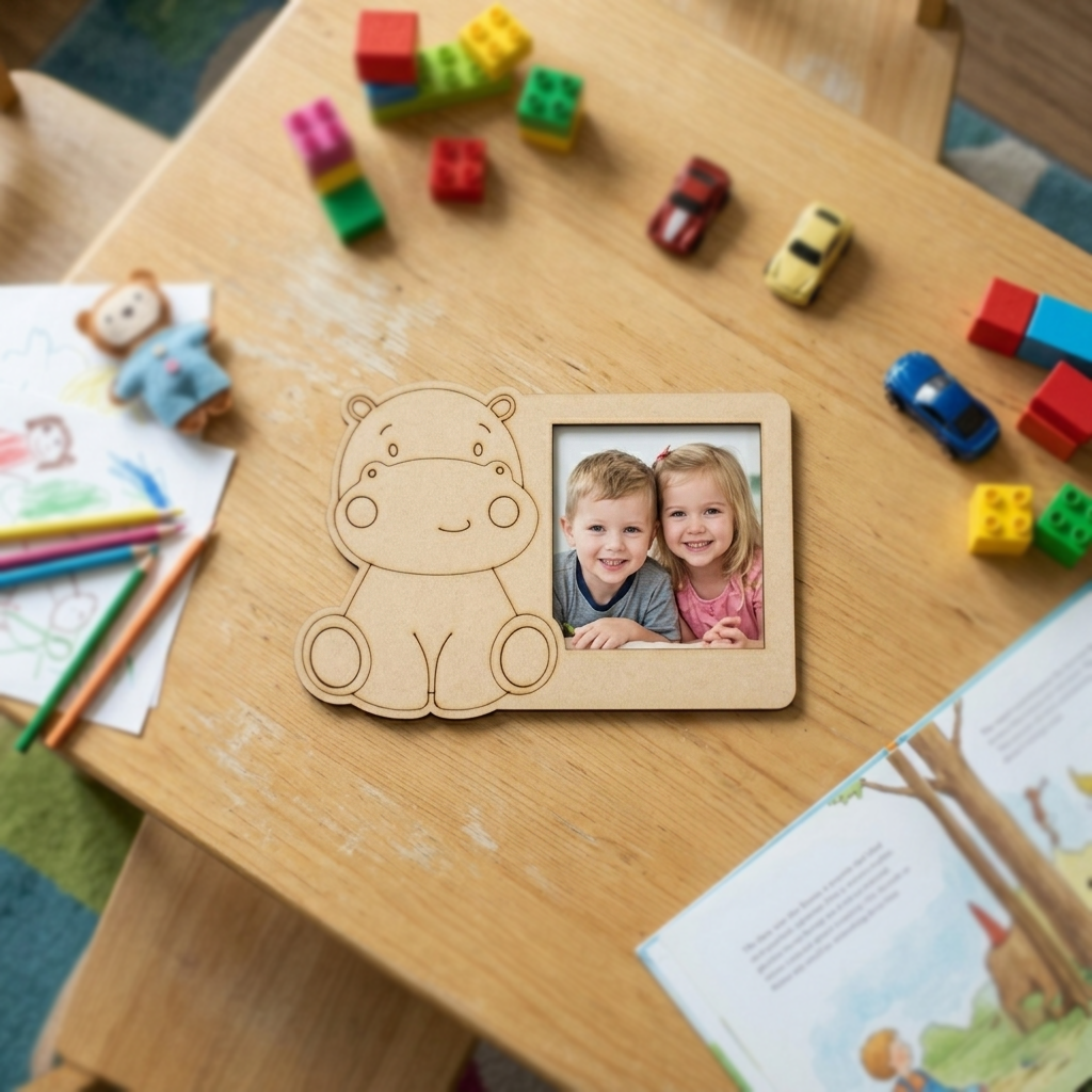 MDF DIY  photo frame with a bear design on a table with children's toys and coloring books.