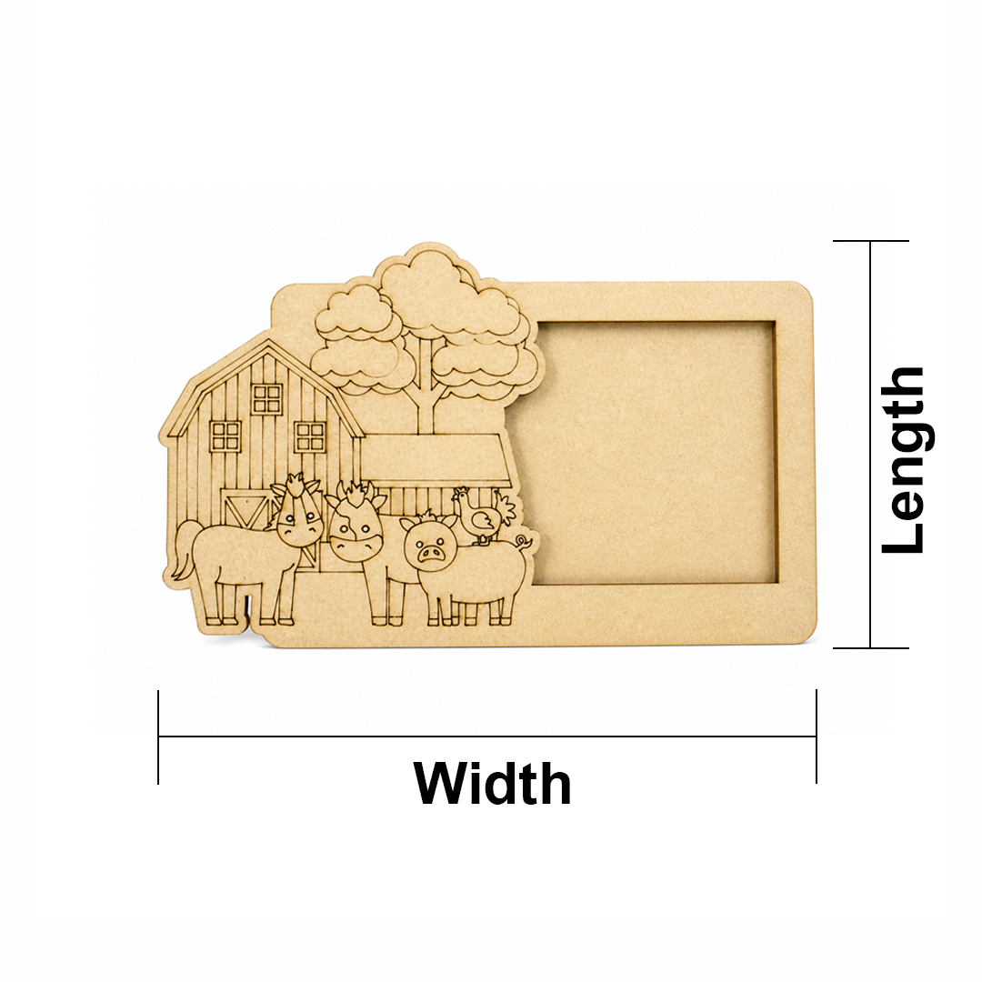 MDF DIY  photo frame with farm design, including length and width measurements.