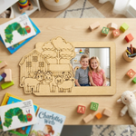 MDF DIY  picture frame with children's illustration on a table with toys and books