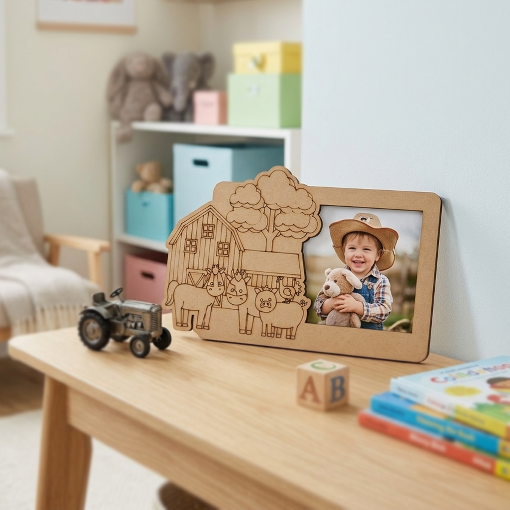 MDF DIY  photo frame with a barn design on a table in a child's room.