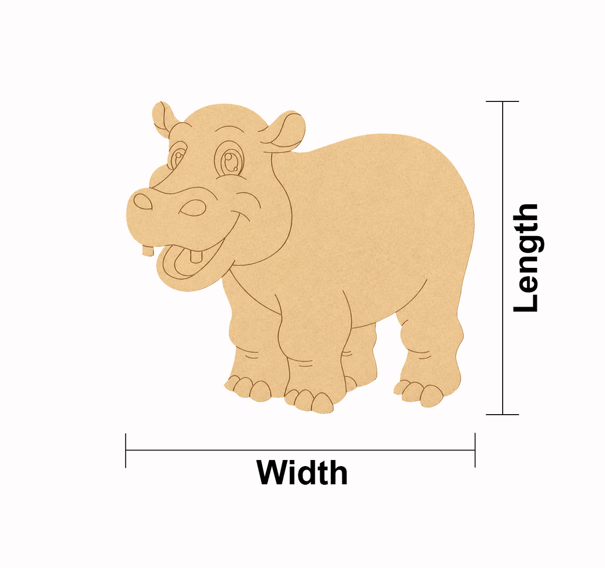 MDF DIY  hippo with measurements labeled 'Length' and 'Width' on a white background