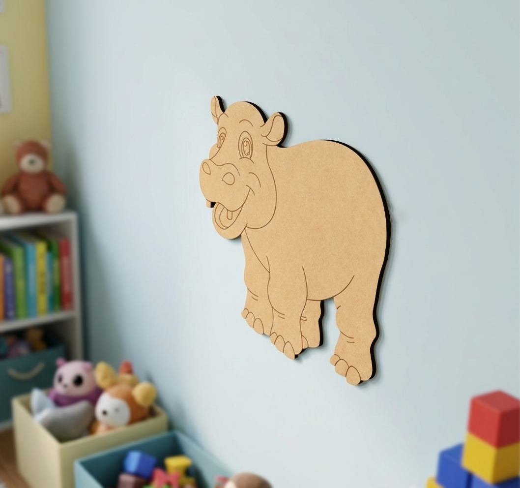 MDF DIY  hippo wall decoration in a child's room with toys and books.