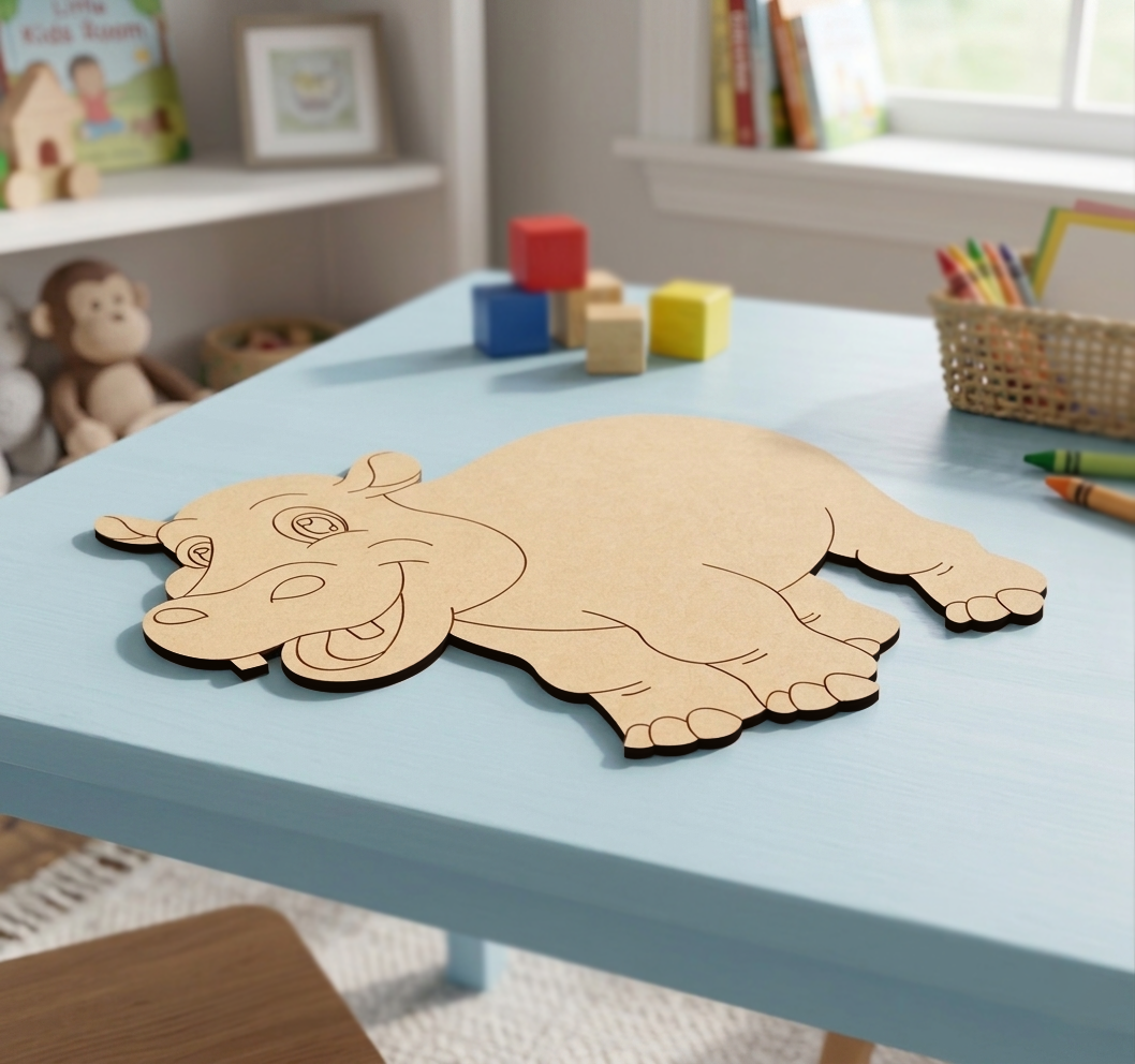 MDF DIY  hippo puzzle on a children's table with toys in the background
