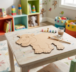 Children's room with a wooden table featuring a MDF DIY  Hippo-shaped puzzle and art supplies.