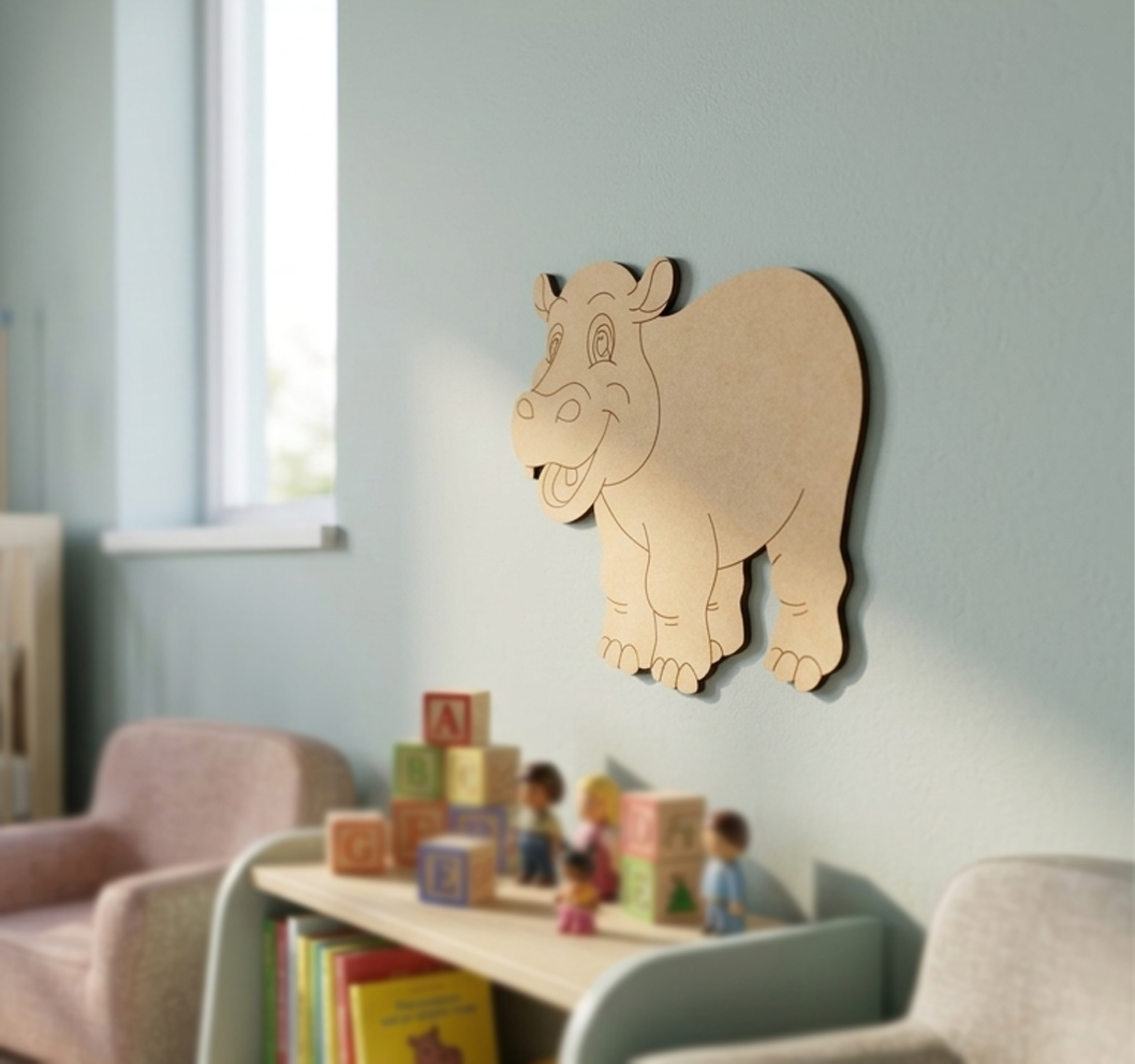 MDF DIY  hippo wall decoration in a child's room with toys and books on a table.