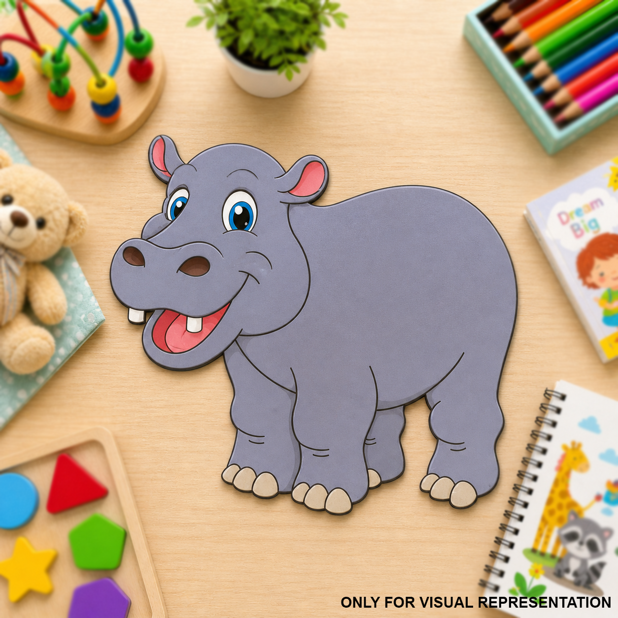 MDF DIY Cartoon hippo cutout on a table with educational toys and stationery.