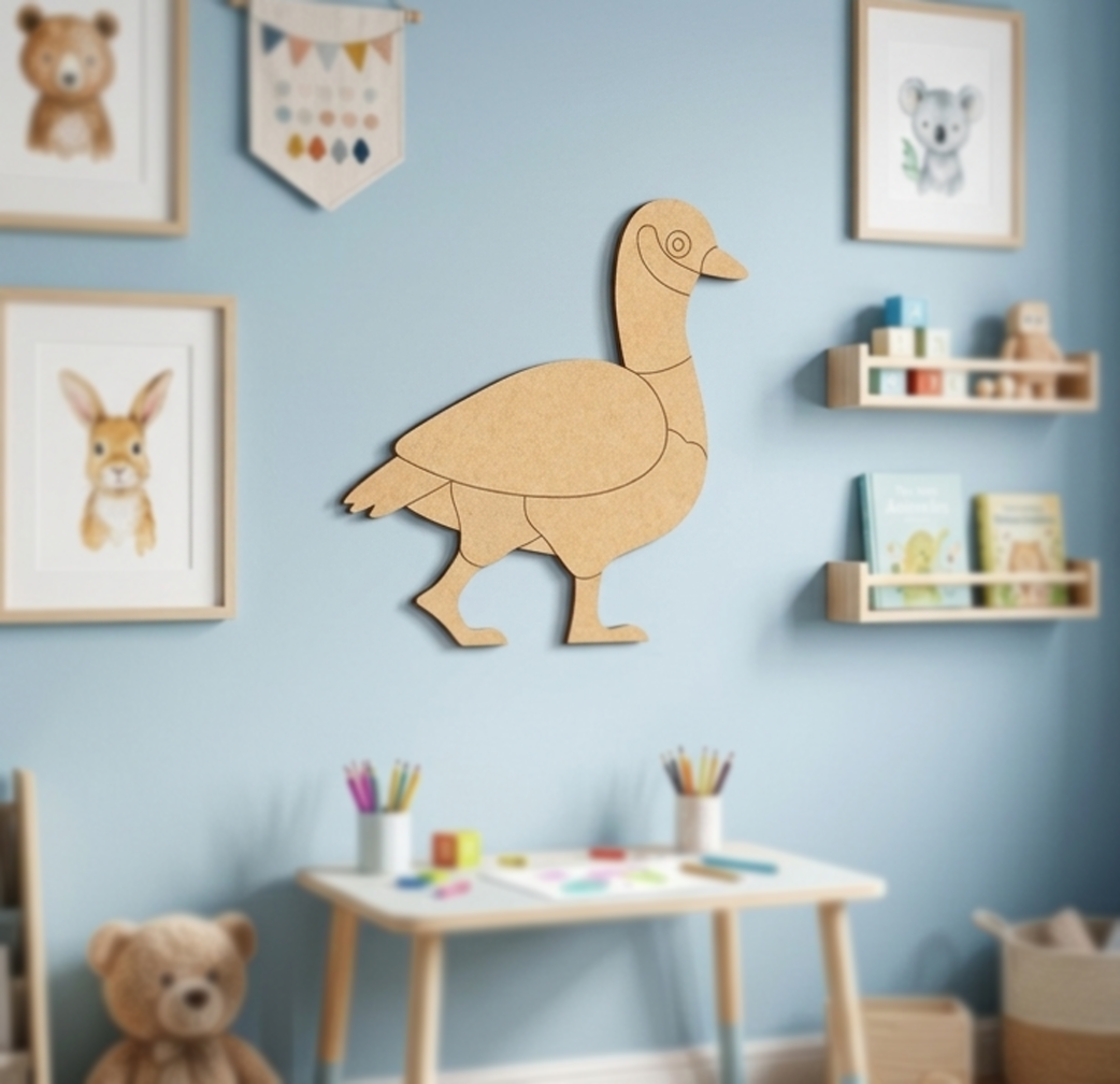 MDF DIY  duck wall decoration in a child's room with blue walls, shelves, and toys.