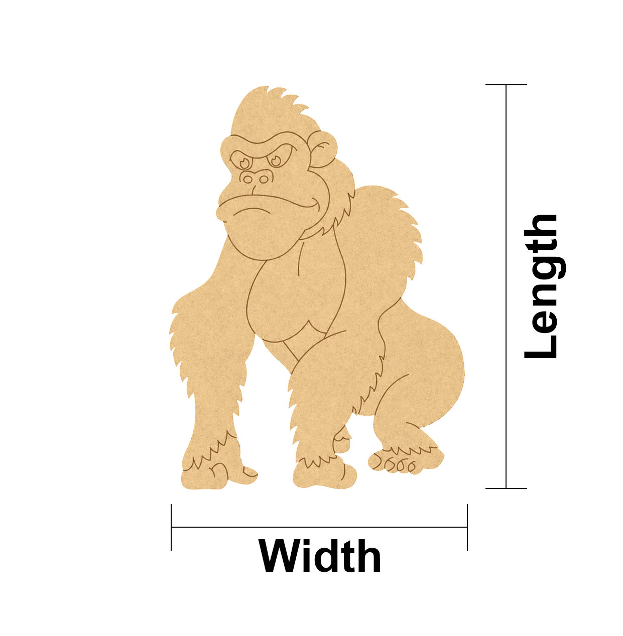 MDF DIY gorilla cutout with measurements on a white background