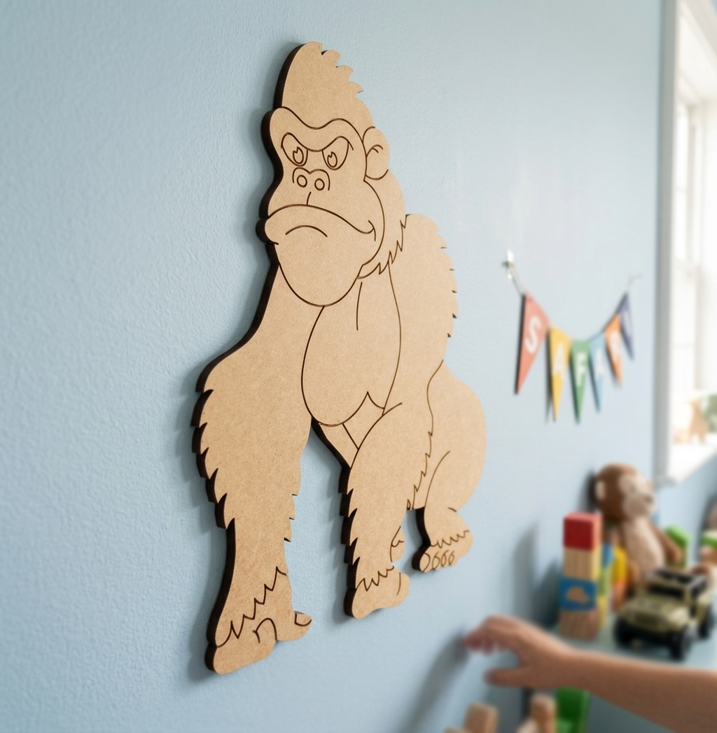 MDF DIY gorilla wall decoration on a light blue wall with toys in the background.