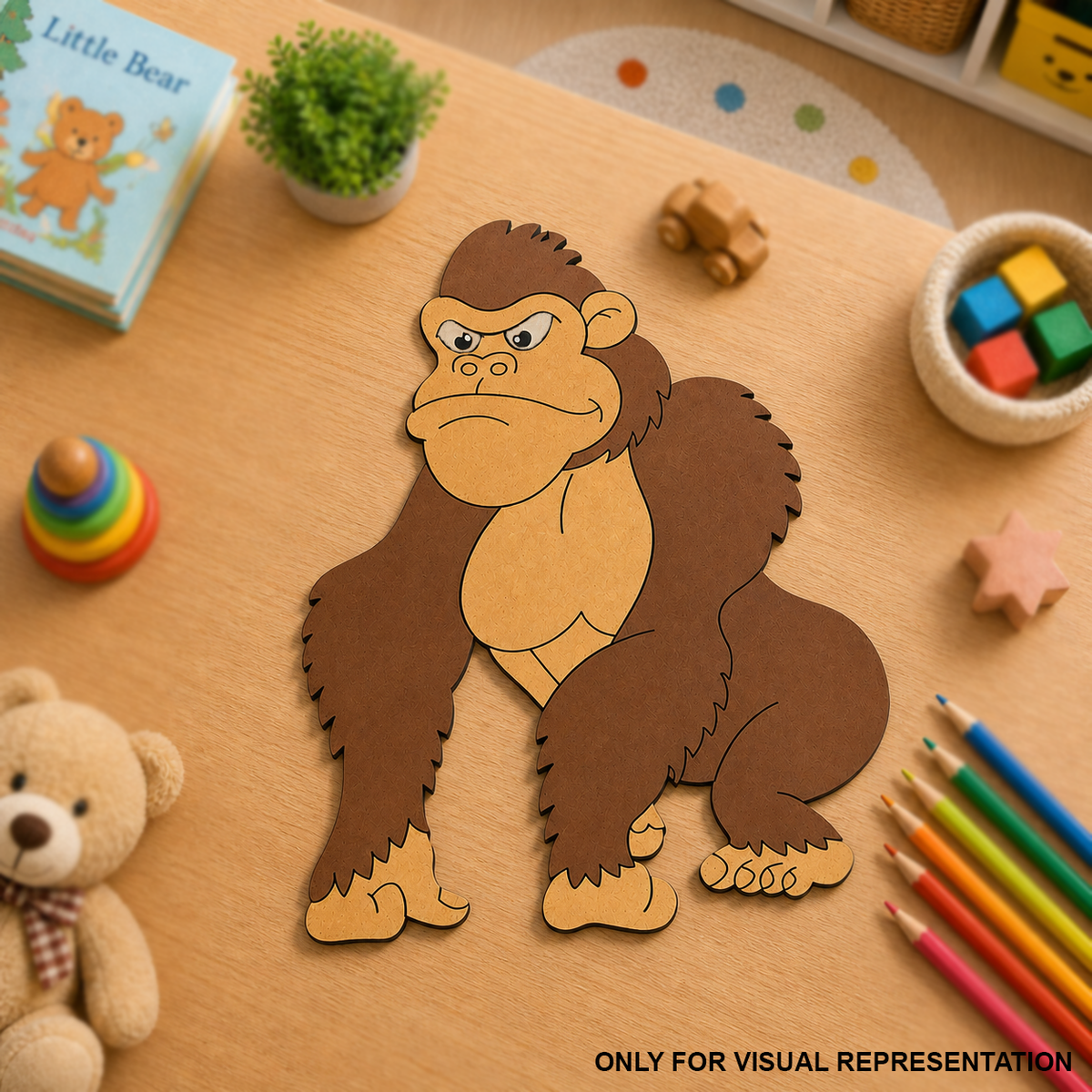   MDF DIY Cartoon gorilla cutout on a wooden table with toys and stationery