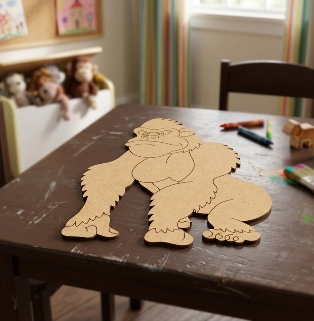 MDF DIY cutout of a gorilla on a child's desk with toys and crayons in the background