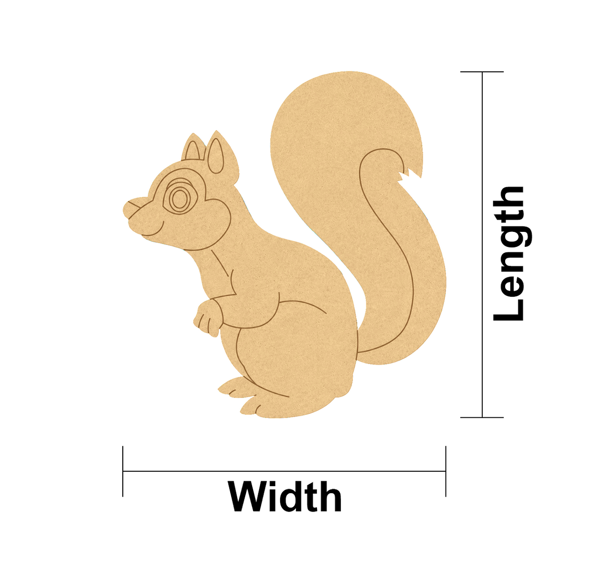 MDF DIY squirrel cutout with measurements labeled on a white background