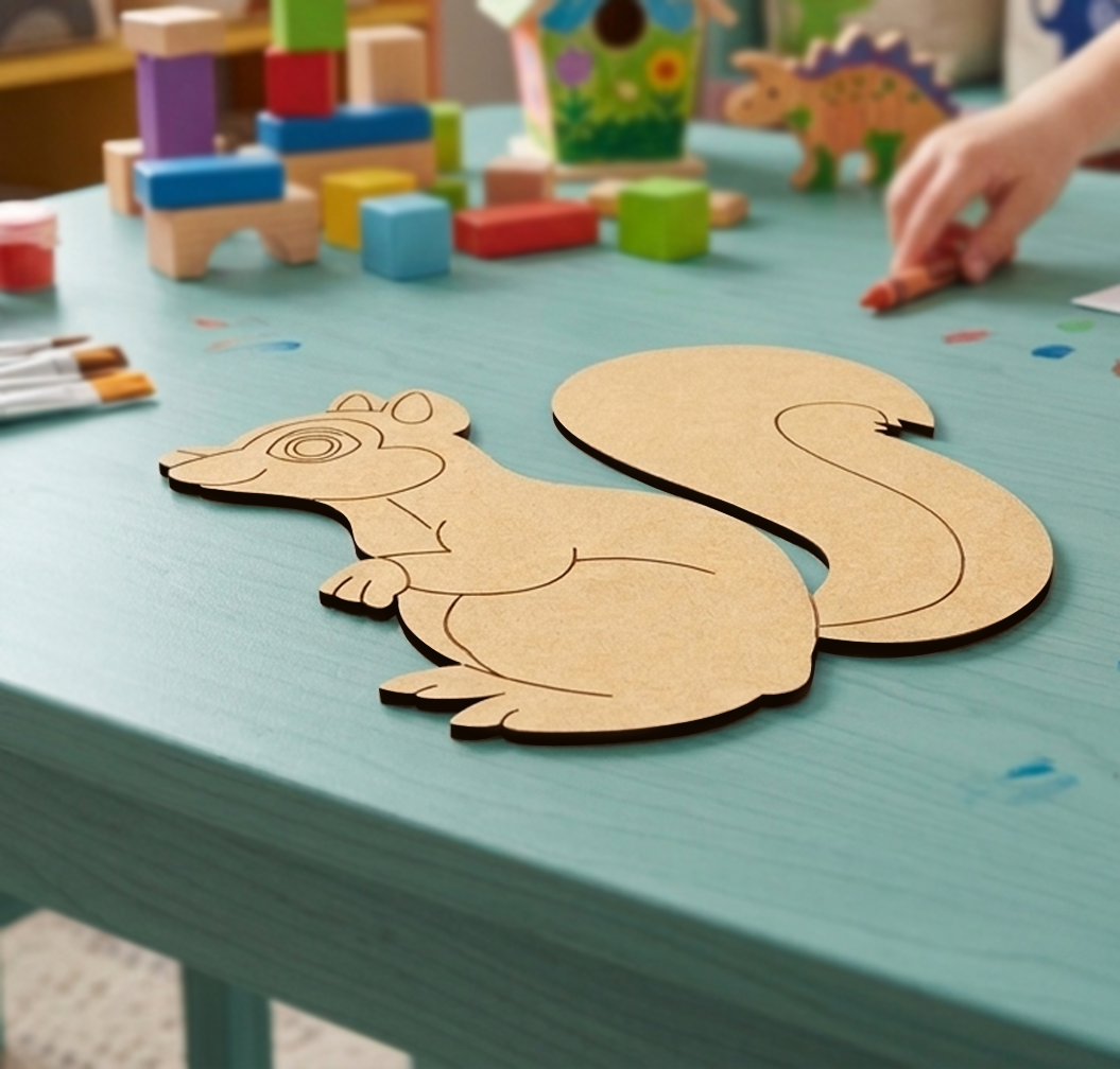 MDF DIY squirrel puzzle on a green table with colorful blocks and toys in the background.
