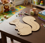 MDF DIY squirrel puzzle on a table with toys in the background.