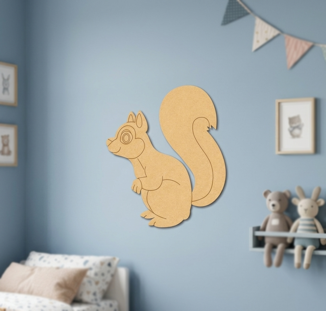 MDF DIY squirrel wall decoration on a blue wall with children's toys and bunting in the background.