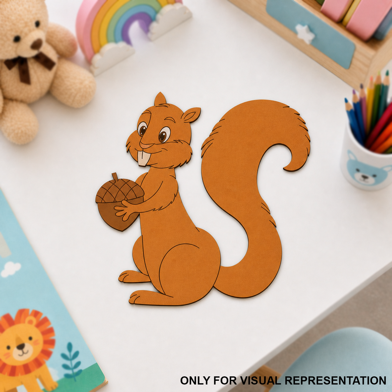   MDF DIY Cartoon squirrel with an acorn on a white surface with stationery items.