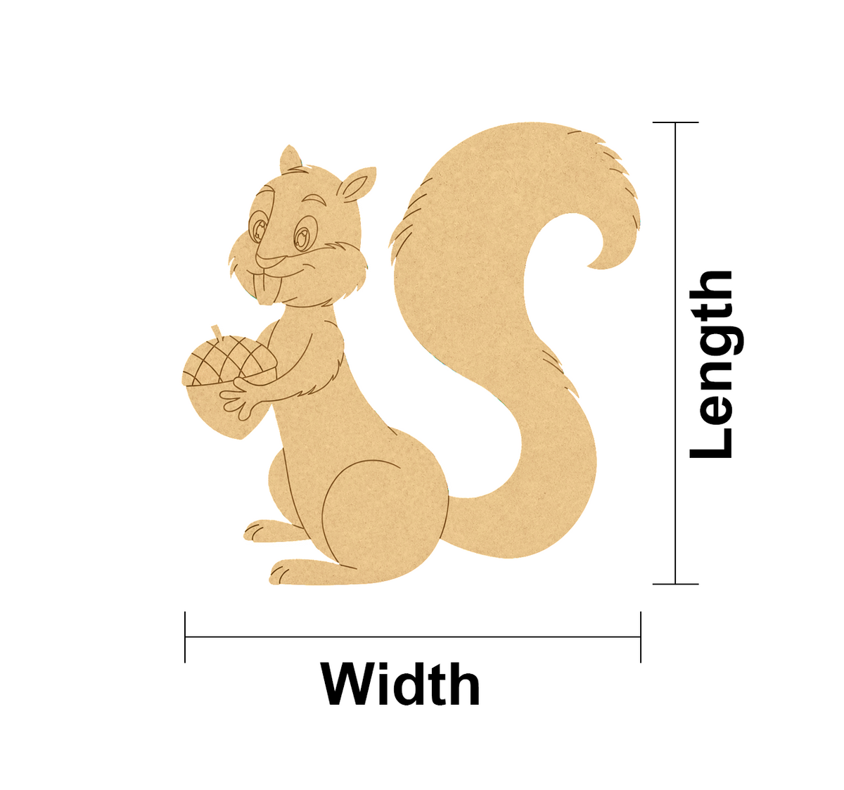 MDF DIY squirrel cutout with measurements labeled on a white background