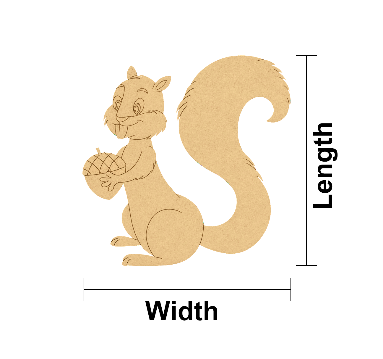 MDF DIY squirrel cutout with measurements labeled on a white background