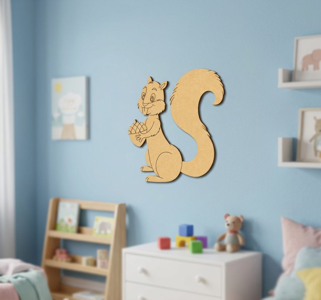  MDF DIY squirrel wall decoration in a child's room with blue walls and shelves.