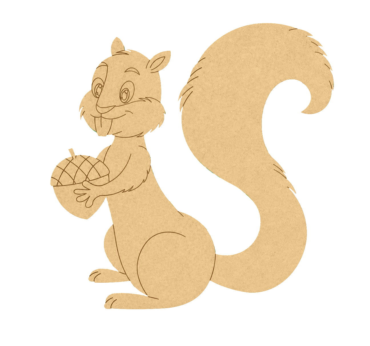 MDF DIY cutout of a squirrel holding an acorn on a white background