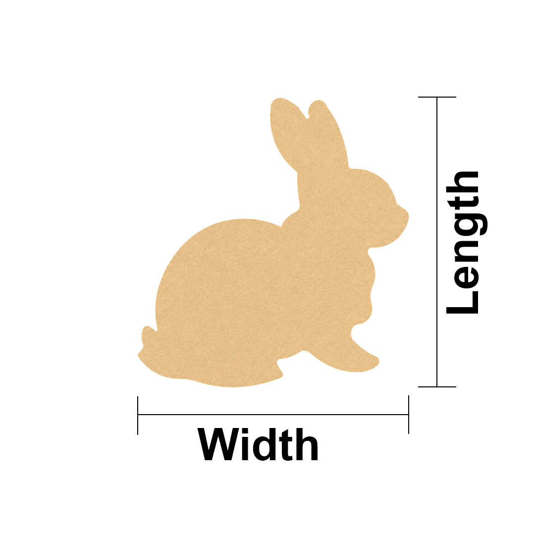 MDF DIY rabbit cutout with labeled width and length on a white background