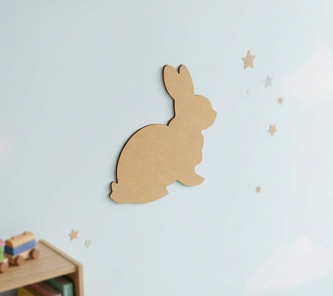 MDF DIY rabbit silhouette on a light blue wall with star decorations