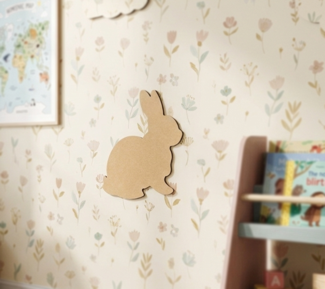 MDF DIY bunny silhouette on a floral wallpapered wall with a bookshelf in the corner.
