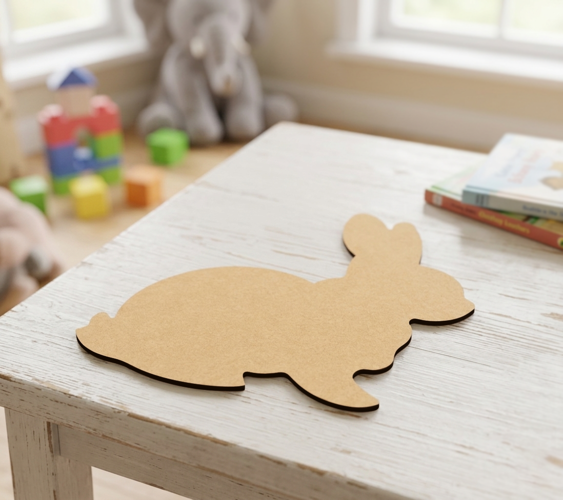 MDF DIY bunny silhouette on a wooden table with toys and books in the background