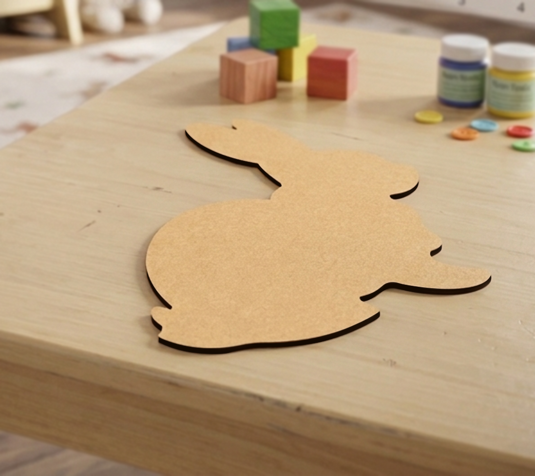 MDF DIY rabbit shape on a wooden surface with colorful blocks and paint containers in the background.