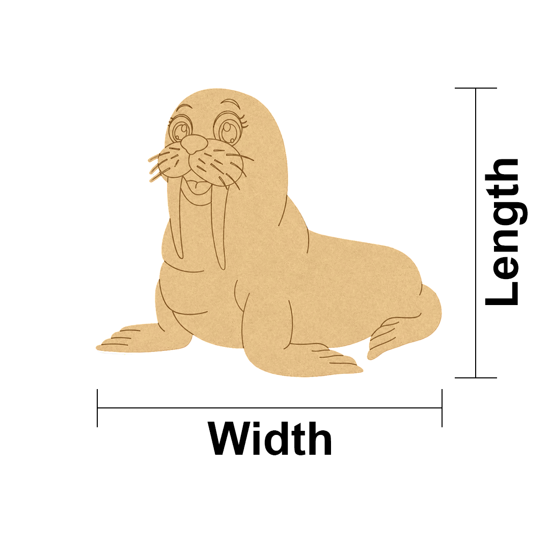 MDF DIY cutout of a seal with dimensions labeled on a white background