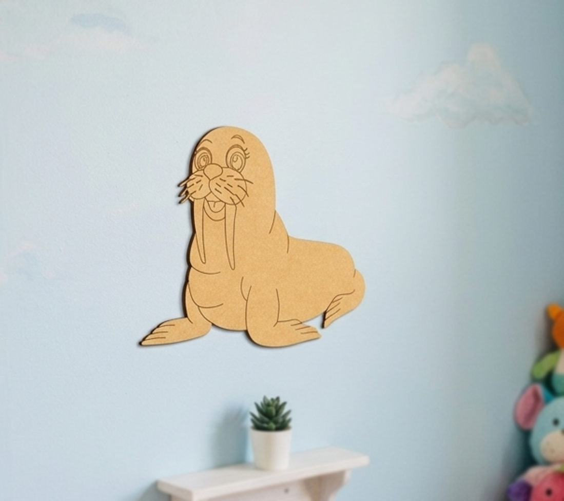  MDF DIY walrus wall decoration on a light blue wall with a shelf and plant below.
